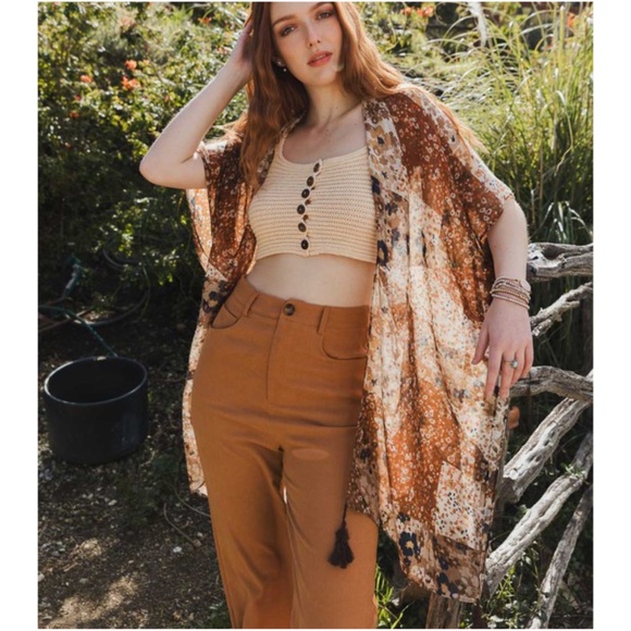 Boho Floral Print Tassel Open Front Light Kimono - Picture 1 of 3